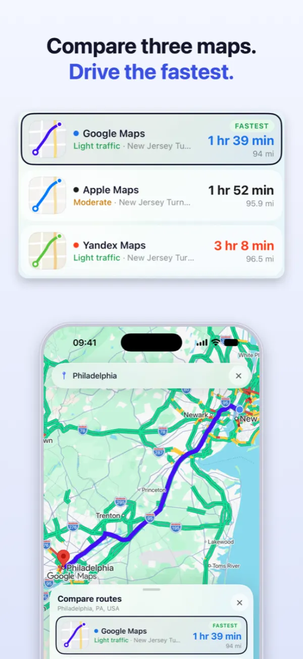 Three route cards for the same trip, with each provider’s arrival time, distance and traffic reading side by side
