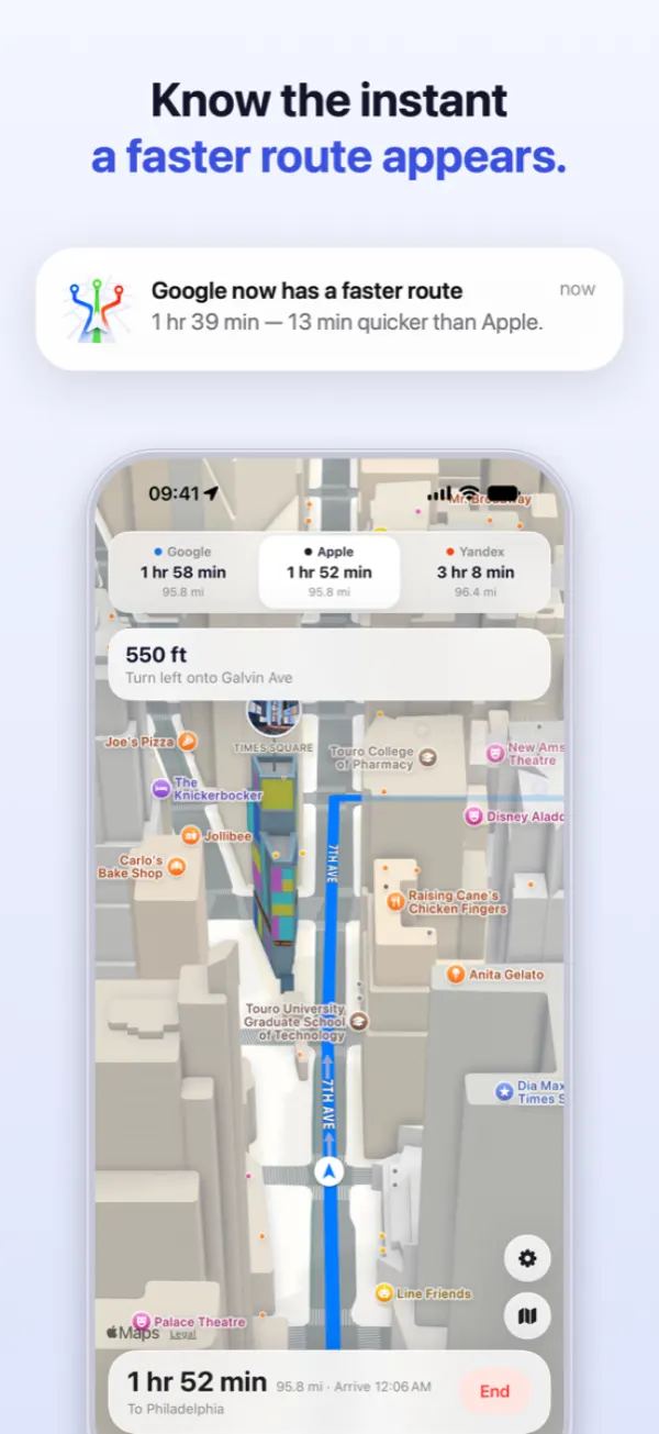 A notification saying another provider now has a faster route, with the difference in minutes